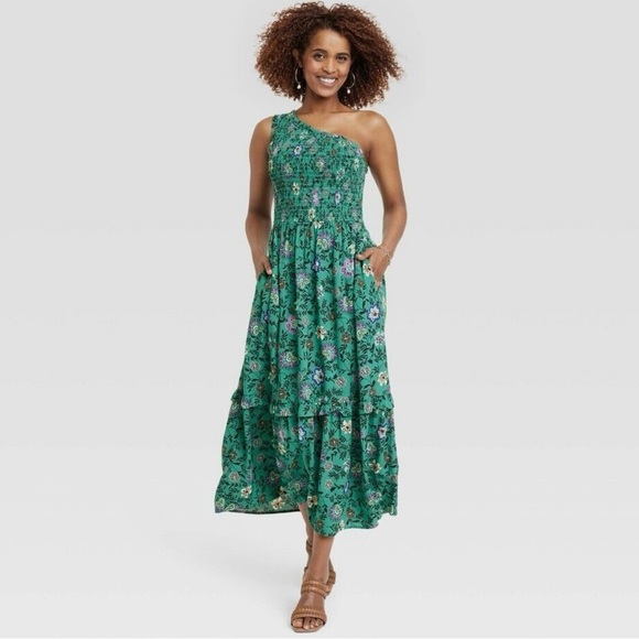Floral Green One-Shoulder Dress - Picture 1 of 6